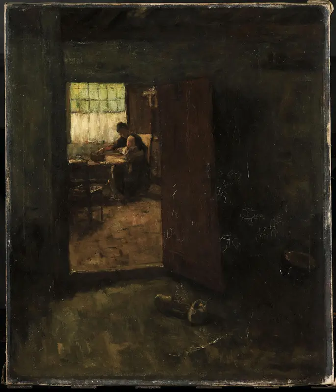 Gezicht in een binnenhuis met boerin en kind Wall Art by Unknown - High-Resolution Digital Print
