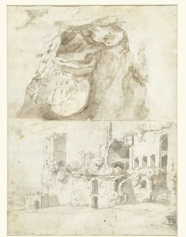 Gezicht in een grot en een gezicht op een klassieke ruïne Wall Art by Guilliam du Gardijn - High-Resolution Digital Print