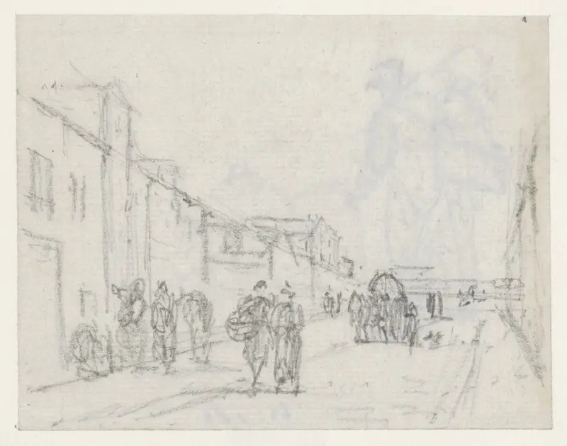 Gezicht in een straat met voetgangers en een wagen Wall Art by Georges Michel - High-Resolution Digital Print