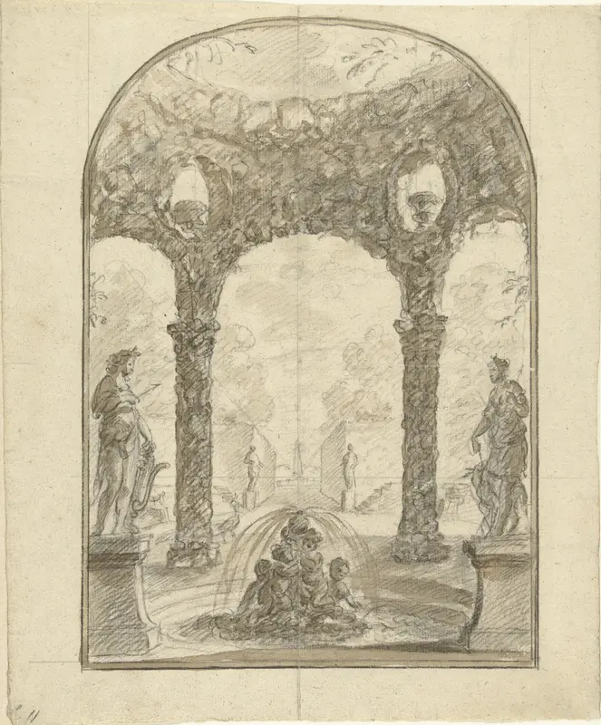 Gezicht in een tuin met een fontein waarbij beelden van Apollo en Diana Wall Art by Elias van Nijmegen - High-Resolution Digital Print