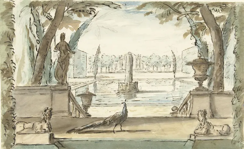 Gezicht in een tuin met een vijver, een fontein en een pauw Wall Art by Elias van Nijmegen - High-Resolution Digital Print