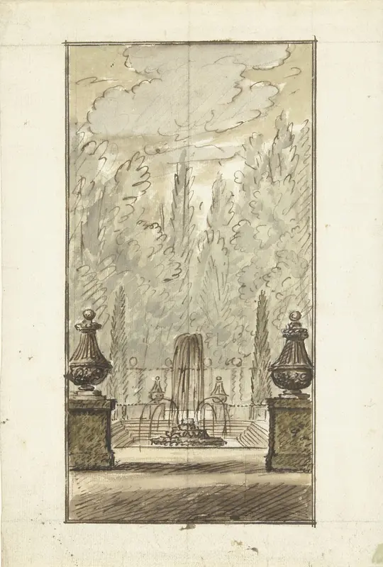 Gezicht in een tuin met een vijver en een fontein Wall Art by Elias van Nijmegen - High-Resolution Digital Print