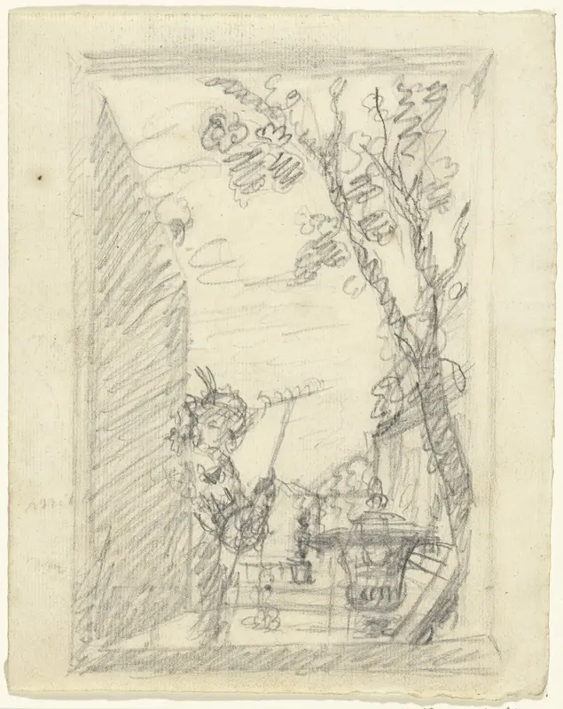 Gezicht in een tuin met op de voorgrond een figuur met een hark Wall Art by Unknown - High-Resolution Digital Print