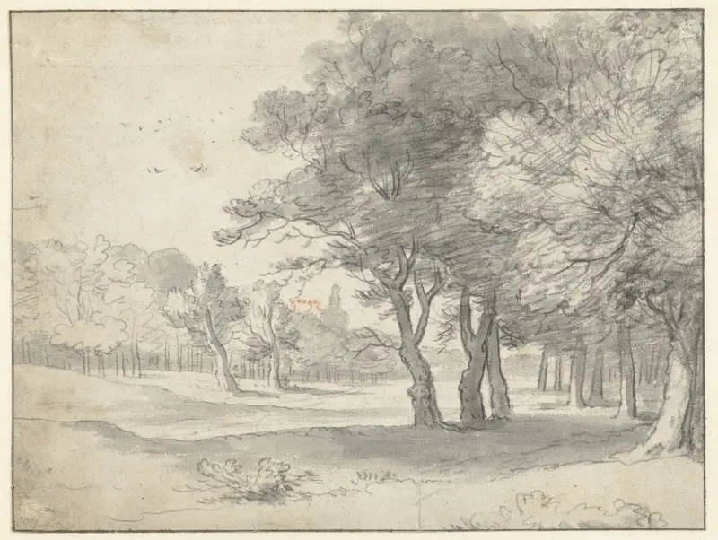 Gezicht in het Haagse Bos, met in de verte de Grote Kerk van Den Haag Wall Art by Roelant Roghman - High-Resolution Digital Print