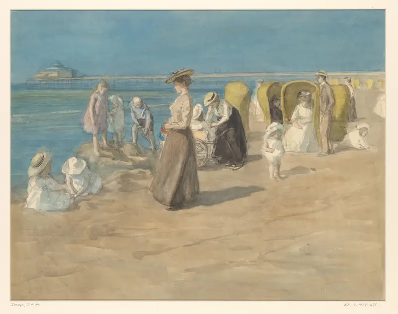 Gezicht langs de vloedlijn aan het Scheveningse strand, met kinderen en volwassenen