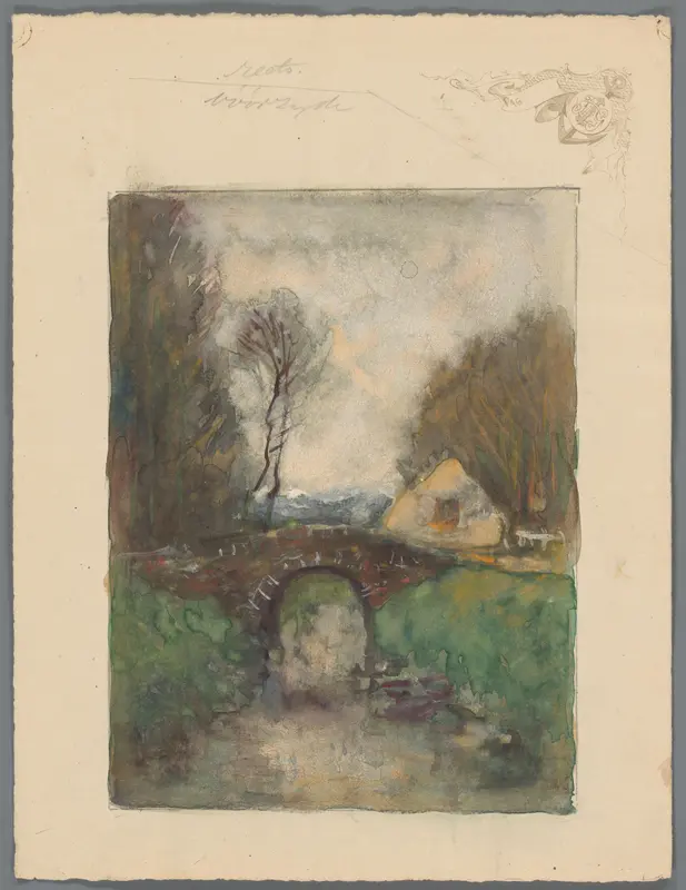 Gezicht met bomen, een woning en een brug over een beek Wall Art by anonymous - High-Resolution Digital Print
