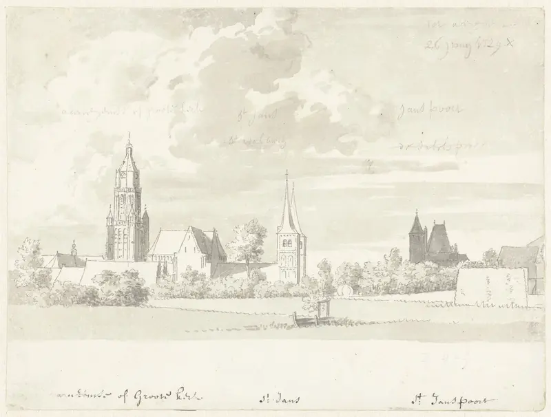 Gezicht op Arnhem met de Eusebiuskerk, de St. Janskerk, de St. Walburgskerk en de St. Janspoort Wall Art by Cornelis Pronk - High-Resolution Digital Print