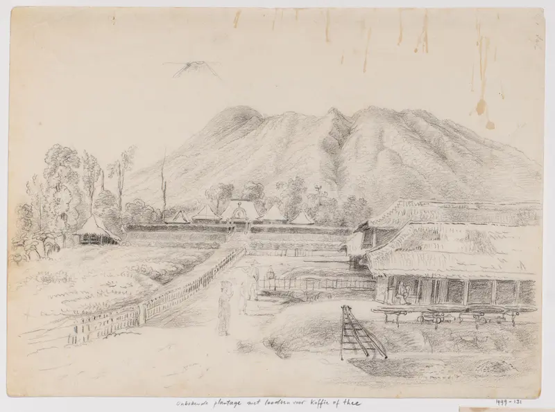 Gezicht op berg en nederzetting, met loodsen voor koffie of thee, West-Java Wall Art by Adrianus Johannes Bik - High-Resolution Digital Print
