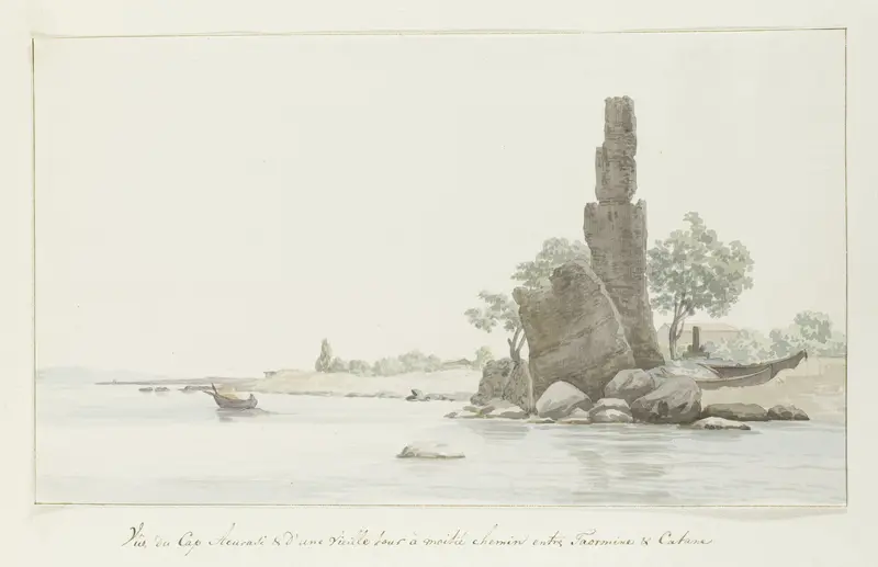 Gezicht op Cap Acurasi en resten van oude toren aan middeleeuwse route tussen Taormina en Catanië Wall Art by Louis Ducros - High-Resolution Digital Print