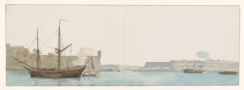 Gezicht op Castel Sant'Angelo in haven van galei schepen te Malta Wall Art by Louis Ducros - High-Resolution Digital Print