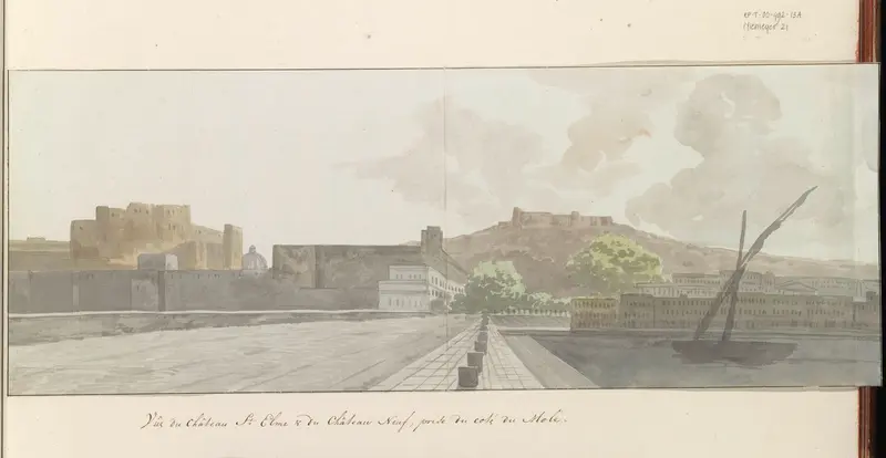 Gezicht op Castel Sant'Elmo en Castel Nuovo vanaf havenhoofd te Napels Wall Art by Louis Ducros - High-Resolution Digital Print