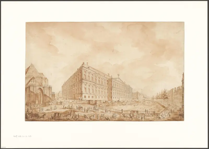 Gezicht op de achterzijde van het Paleis op de Dam en de Nieuwe Kerk, gezien vanaf de Nieuwezijds Voorburgwal Wall Art by anonymous - High-Resolution Digital Print