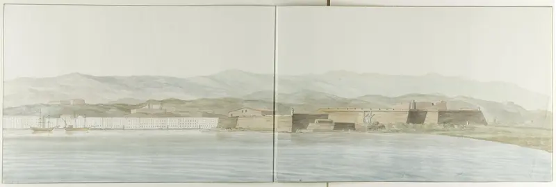 Gezicht op de achterzijde van kasteel San Salvatore en Messina vanuit de haven Wall Art by Louis Ducros - High-Resolution Digital Print