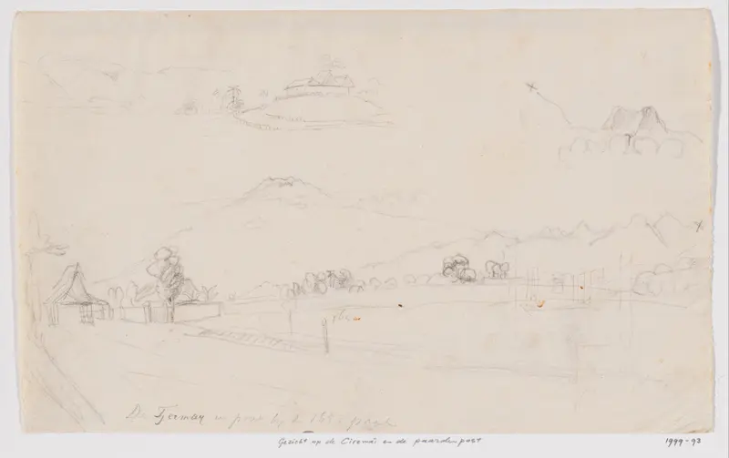 Gezicht op de Ciremai en paardenpost, een huis op een berg en een berg Wall Art by Adrianus Johannes Bik - High-Resolution Digital Print