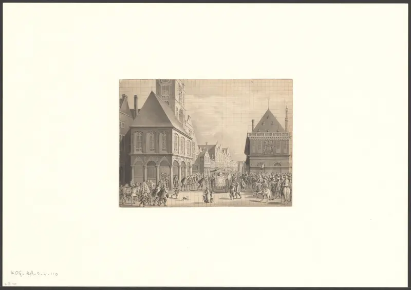Gezicht op de Dam met het oude stadhuis en de Waag met het vertrek van Maria de' Medici uit Amsterdam Wall Art by Unknown - High-Resolution Digital Print