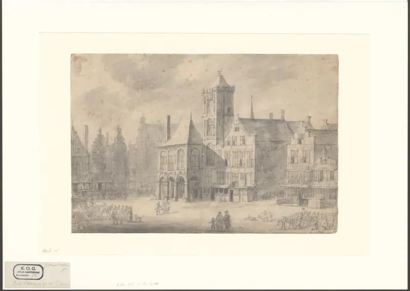 Gezicht op de Dam met het oude stadhuis, met links de ingang van de Kalverstraat Wall Art by Unknown - High-Resolution Digital Print