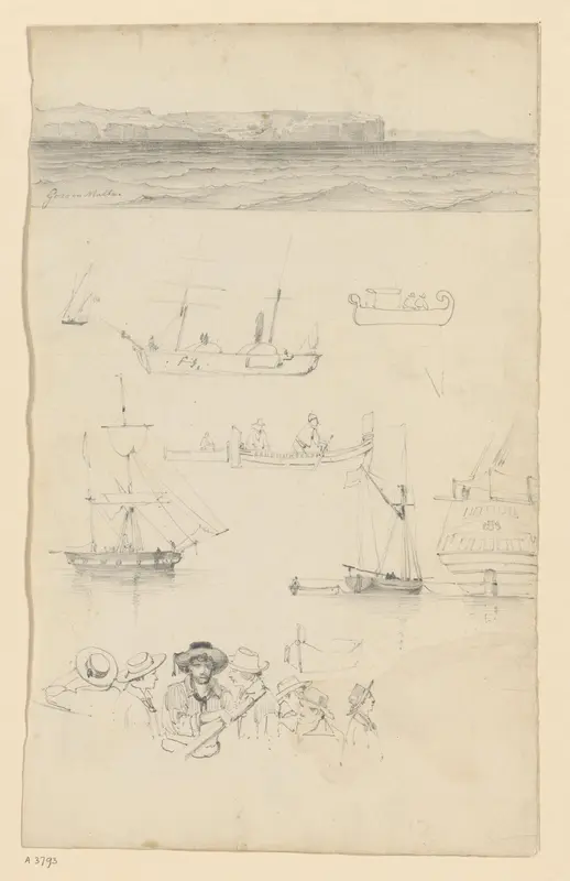Gezicht op de eilanden Gozo en Malta en schetsen van schepen en zeelui Wall Art by Willem Anthonie van Deventer - High-Resolution Digital Print