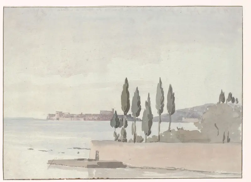Gezicht op de Golf van Gaeta tegenover het postkoetshuis bij Molo di Gaëta Wall Art by Louis Ducros - High-Resolution Digital Print