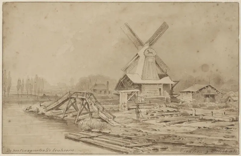 Gezicht op de houtzaagmolen De Eenhoorn bij Utrecht Wall Art by Unknown - High-Resolution Digital Print