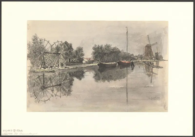 Gezicht op de Mennonietensloot en molens De Oranjeboom en De Houthandel Wall Art by Unknown - High-Resolution Digital Print