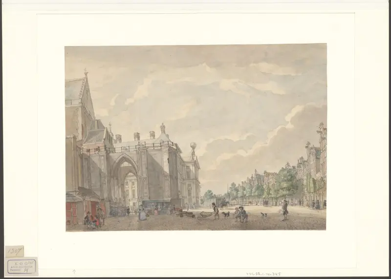 Gezicht op de Nieuwe Kerk en het stadhuis aan de Nieuwezijds Voorburgwal Wall Art by Unknown - High-Resolution Digital Print