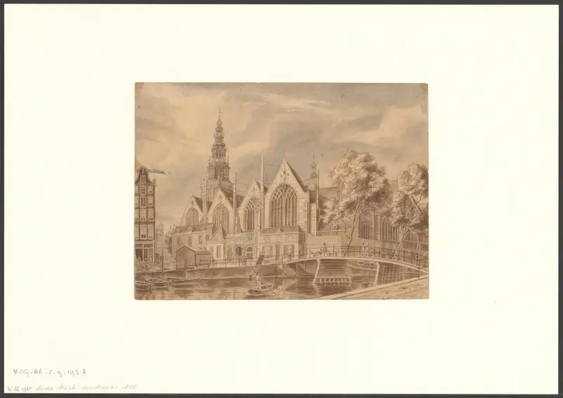 Gezicht op de Oude Kerk en de brug voor de Oudekennissteeg vanaf de Oudezijds Voorburgwal Wall Art by Unknown - High-Resolution Digital Print
