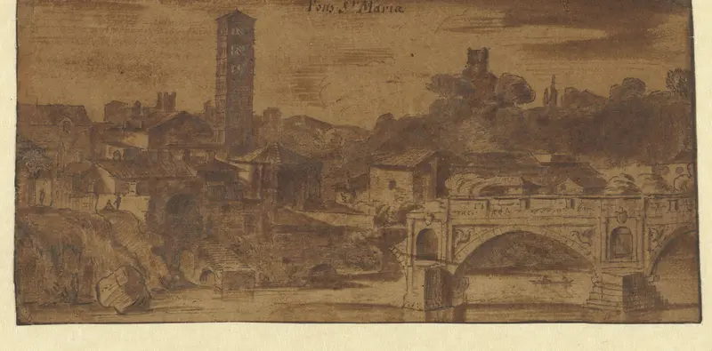 Gezicht op de S. Maria in Cosmedin, de Vesta tempel en de Ponte S. Maria te Rome Wall Art by Michiel van Overbeek - High-Resolution Digital Print