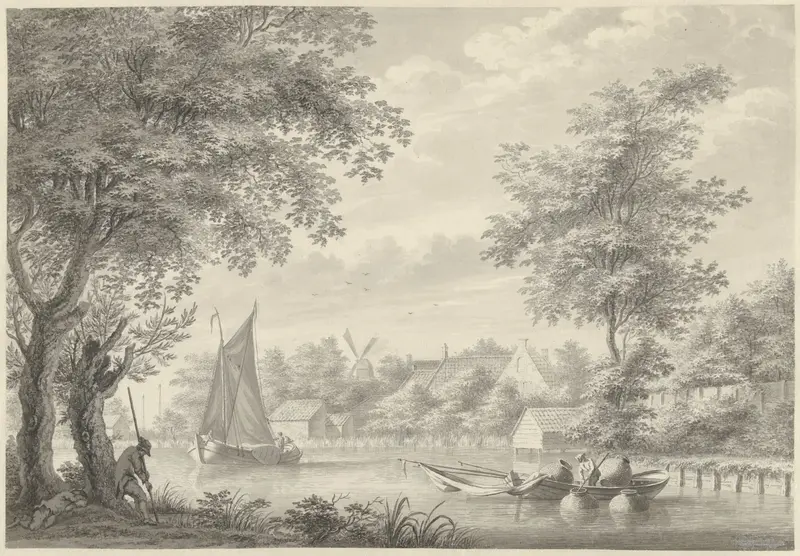 Gezicht op de Schinkel met een zeilschip en een visser Wall Art by Gerard van Rossum (1698/99-1772) - High-Resolution Digital Print