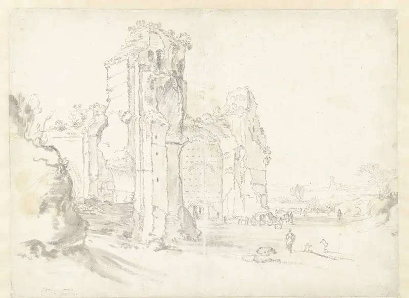 Gezicht op de Thermen van Caracalla in Rome, met vooraanstaande bezoekers en een koets Wall Art by Guilliam du Gardijn - High-Resolution Digital Print