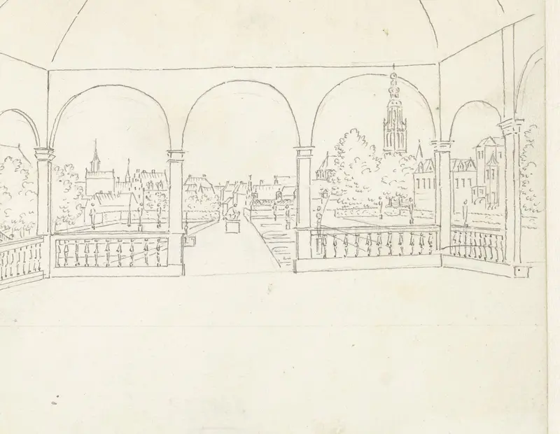 Gezicht op de tuin van het kasteel van Breda vanuit een galerij Wall Art by Cornelis Pronk - High-Resolution Digital Print