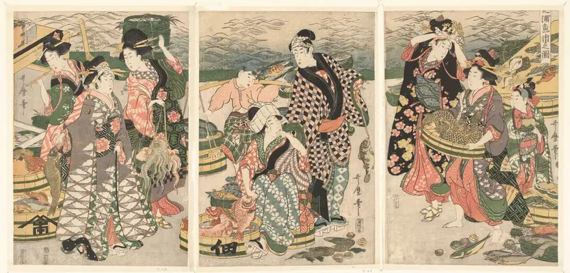 Gezicht op de vismarkt op het strand te Shiba Wall Art by Unknown - High-Resolution Digital Print
