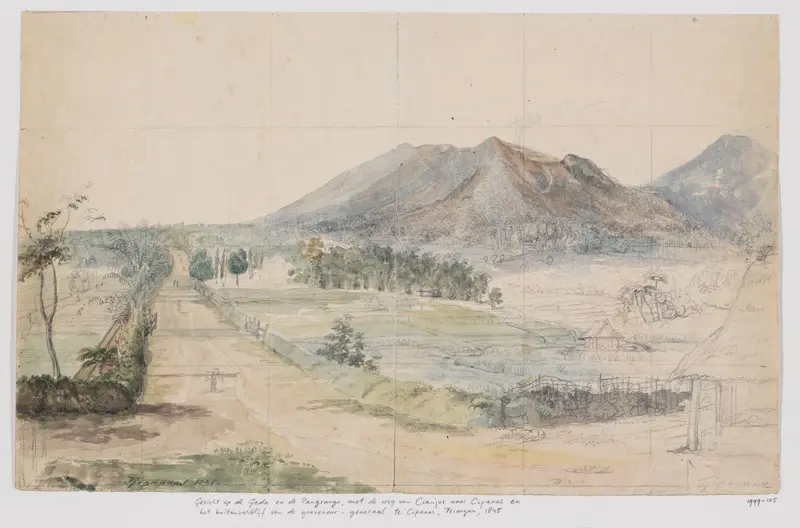 Gezicht op de vulkanen Gedé en Pangrango, weg Cianjur-Cipanas en buitenverblijf van de gouverneur-generaal te Cipanas, Priangan, West-Java Wall Art by Adrianus Johannes Bik - High-Resolution Digital Print