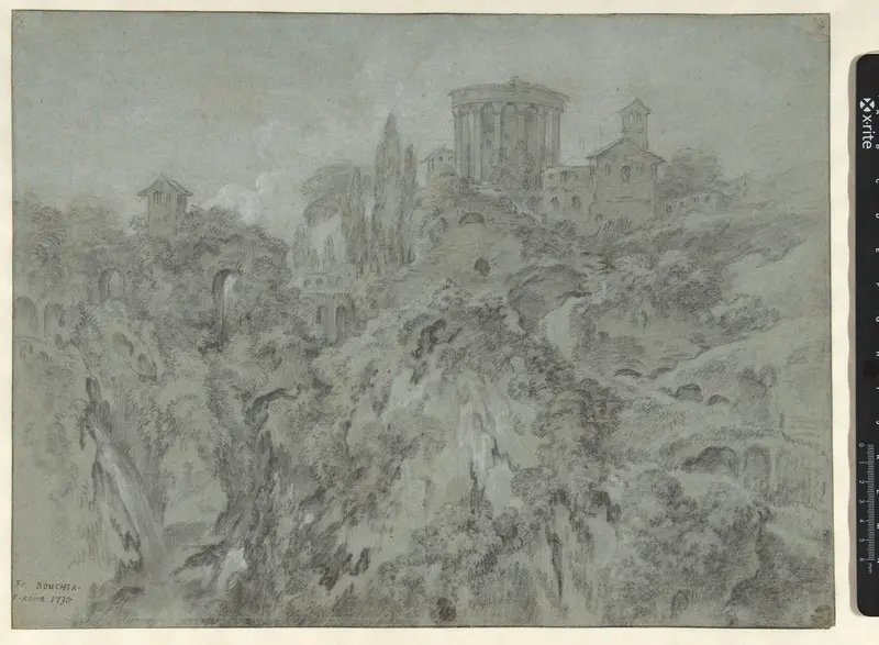 Gezicht op de watervallen bij Tivoli met de tempel van de Sybille Wall Art by François Boucher - High-Resolution Digital Print