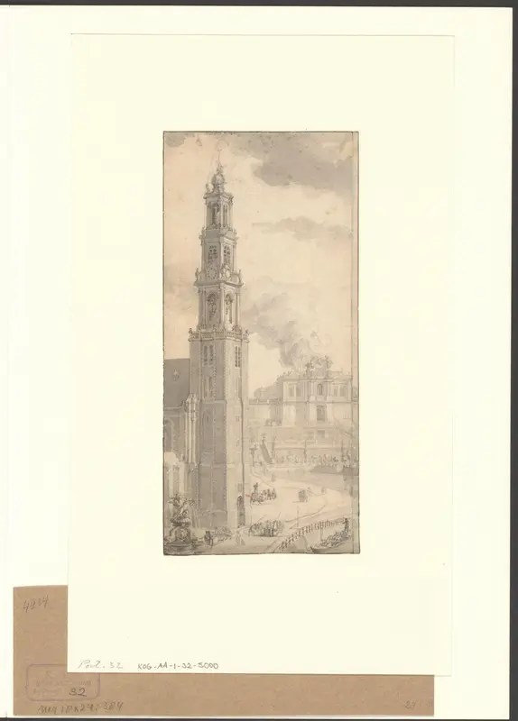 Gezicht op de Westertoren met in de verte een brand Wall Art by Unknown - High-Resolution Digital Print