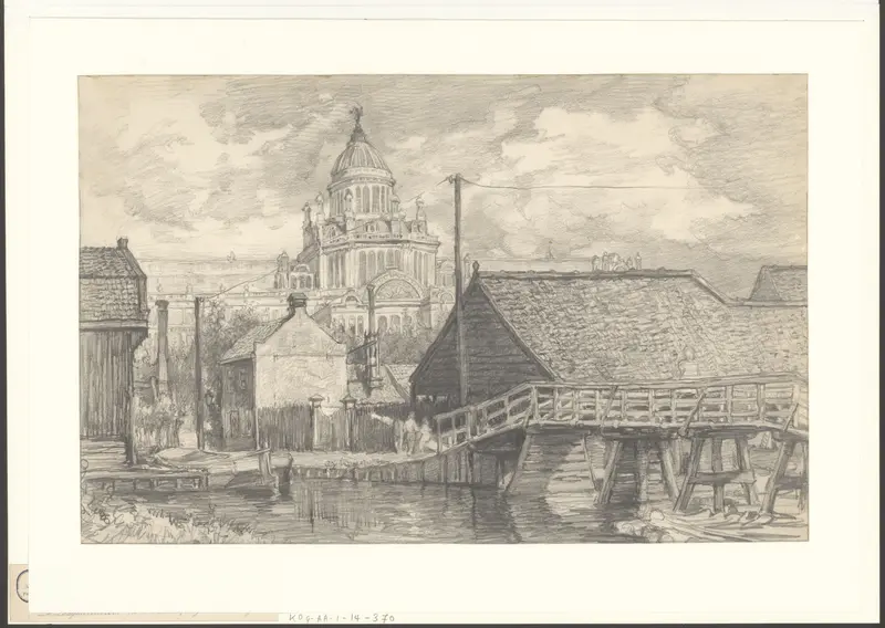 Gezicht op de Zaagmolensloot bij de houtkoperij van Van Gleder met het Paleis voor Volksvlijt op de achtergrond Wall Art by Unknown - High-Resolution Digital Print