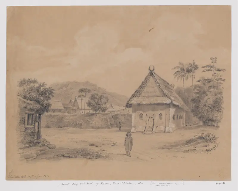 Gezicht op dorp met kerk op Kisar, Zuid-Molukken Wall Art by Adrianus Johannes Bik - High-Resolution Digital Print