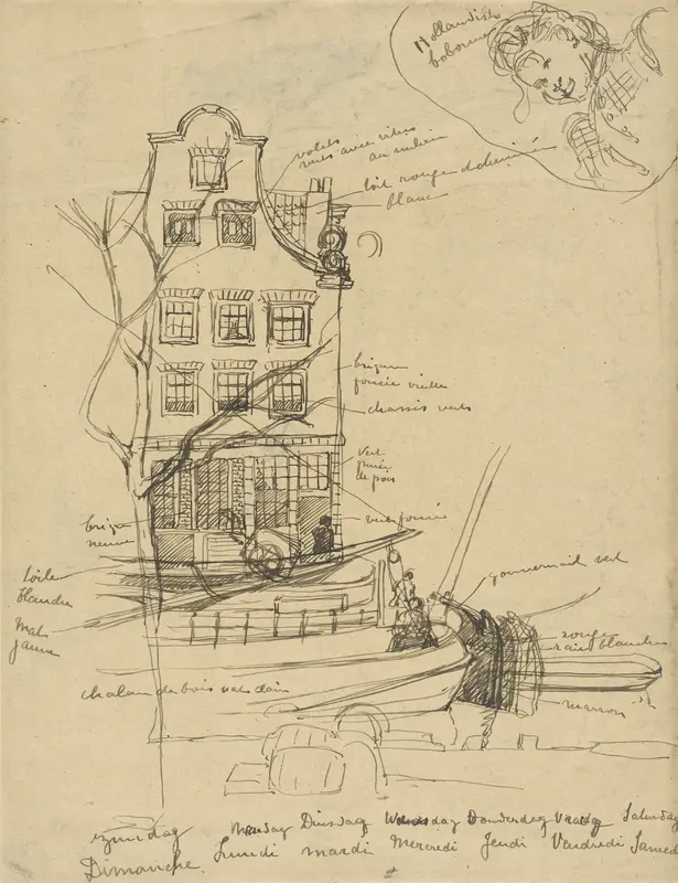 Gezicht op een Amsterdamse gevel, met ervoor in de gracht enige schuiten; bovenaan een vrouwenportretje Wall Art by Angèle Delasalle - High-Resolution Digital Print