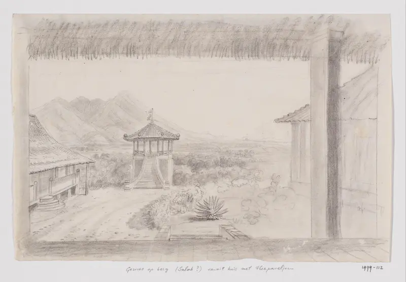 Gezicht op een berg vanuit een huis met tuinpaviljoentje, West-Java Wall Art by Adrianus Johannes Bik - High-Resolution Digital Print