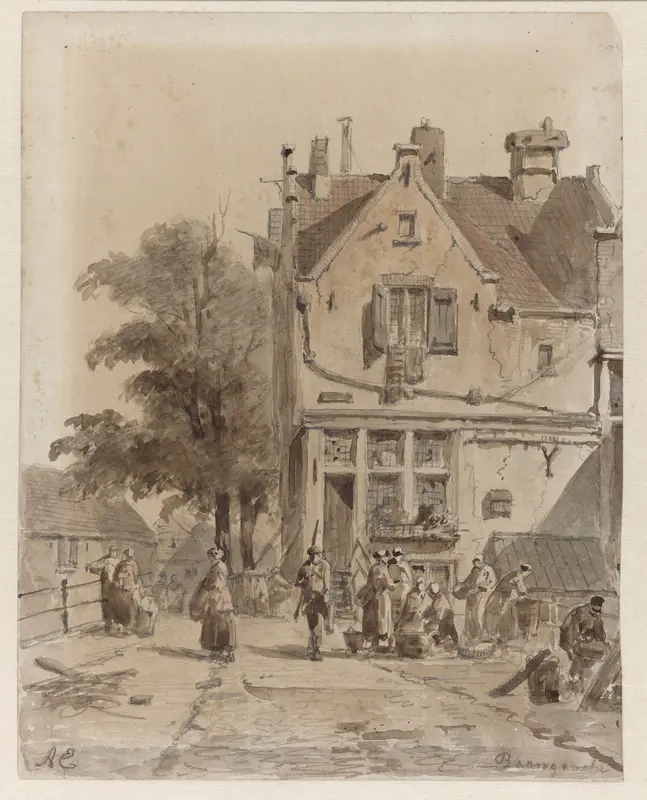 Gezicht op een brug over de Baangracht te Amsterdam, met kramers van etenswaar Wall Art by Unknown - High-Resolution Digital Print
