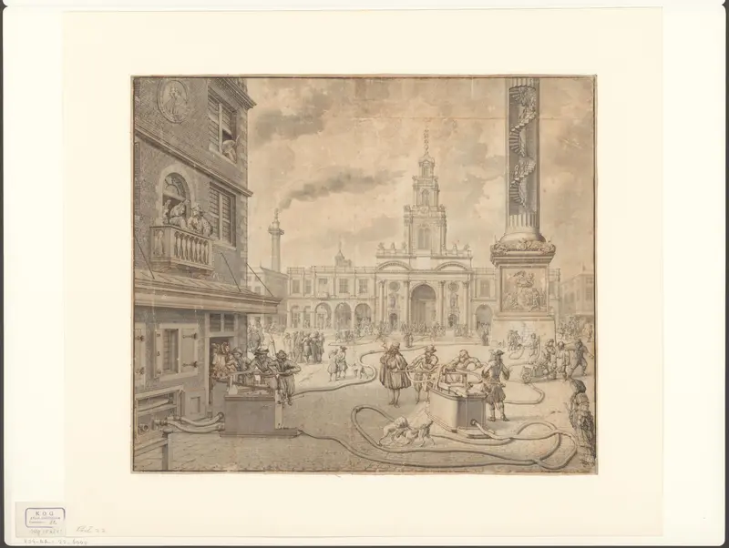 Gezicht op een demonstratie van brandspuiten bij de Beurs van Londen en de gedenkzuil voor de brand van 1666 Wall Art by Jan van der Heyden - High-Resolution Digital Print