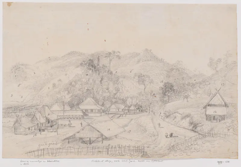 Gezicht op een dorp aan de voet van een berg, rechts een rijstschuur, West-Java Wall Art by Adrianus Johannes Bik - High-Resolution Digital Print