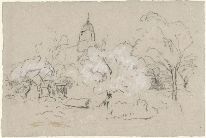 Gezicht op een dorpje met kerk verscholen achter enkele bomen Wall Art by Egbert Rubertus Derk Schaap - High-Resolution Digital Print