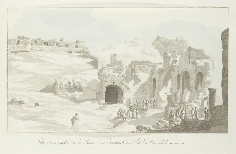 Gezicht op een gedeelte van het toneel en de muur daarachter van het theater van Taormine Wall Art by Louis Ducros - High-Resolution Digital Print