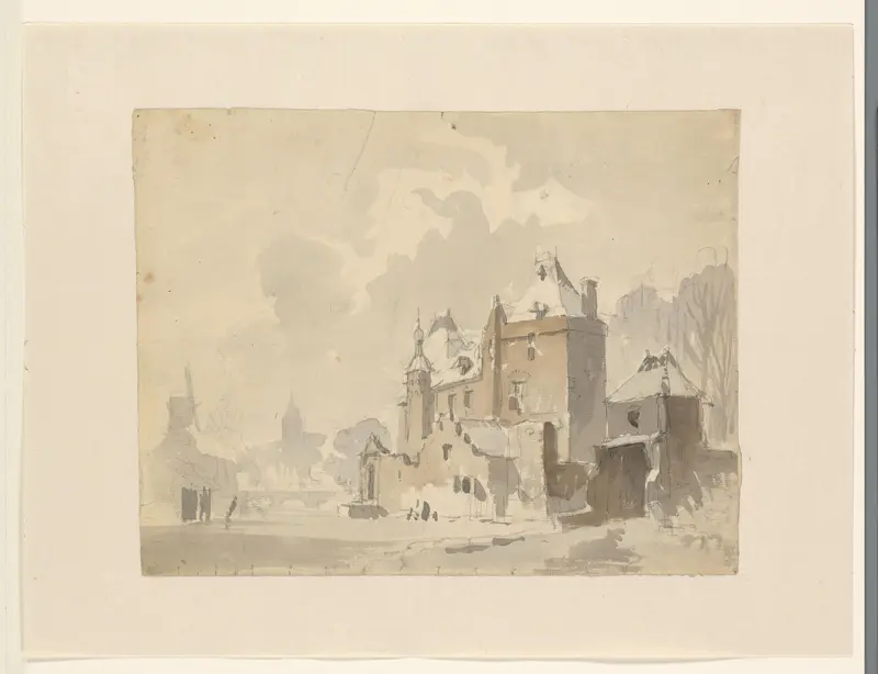 Gezicht op een gefantaseerd(?) kasteel nabij een stad Wall Art by Adrianus Eversen - High-Resolution Digital Print