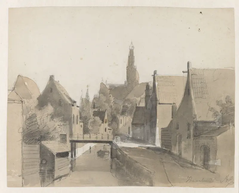 Gezicht op een grachtje in Haarlem, op de achtergrond de St. Bavo Wall Art by Unknown - High-Resolution Digital Print