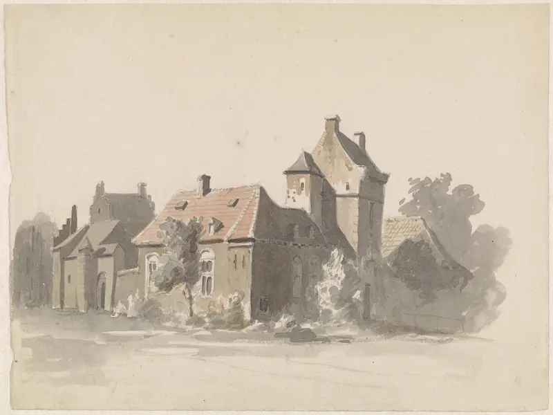 Gezicht op een groep huizen met stadspoortje(?) Wall Art by Adrianus Eversen - High-Resolution Digital Print