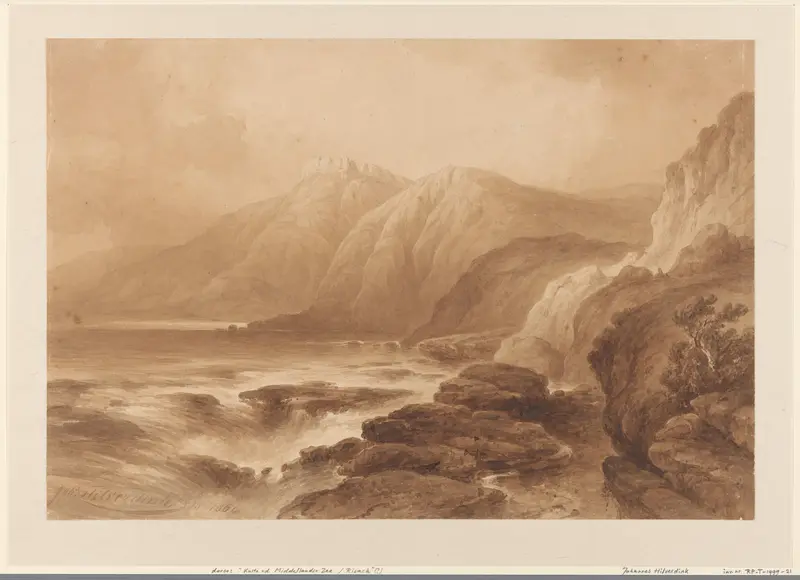 Gezicht op een hoge rotskust, met op een der bergtoppen een vesting Wall Art by Unknown - High-Resolution Digital Print
