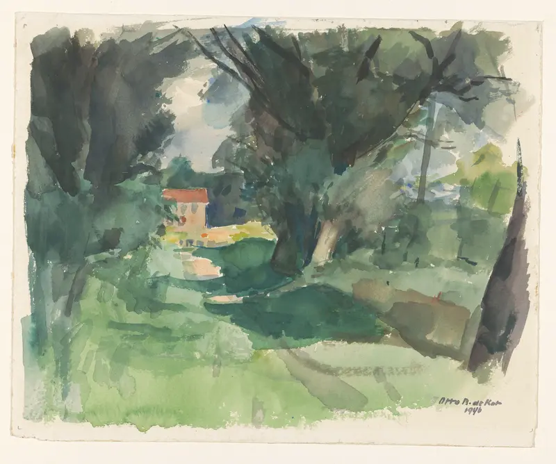 Gezicht op een huis aan een landweg tussen bomen Wall Art by Unknown - High-Resolution Digital Print