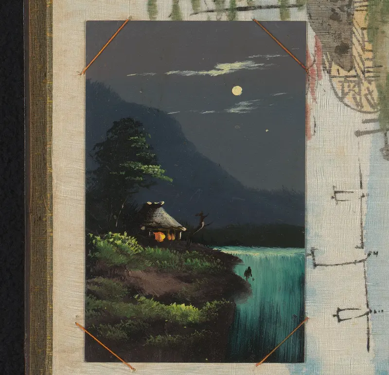Gezicht op een huis en boom naast een waterval bij nacht, vermoedelijk in Japan Wall Art by anonymous - High-Resolution Digital Print