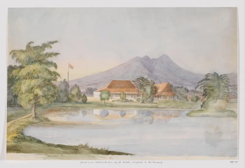 Gezicht op een huis met een Nederlandse vlag en vijver tegen een berg, West-Java Wall Art by Adrianus Johannes Bik - High-Resolution Digital Print